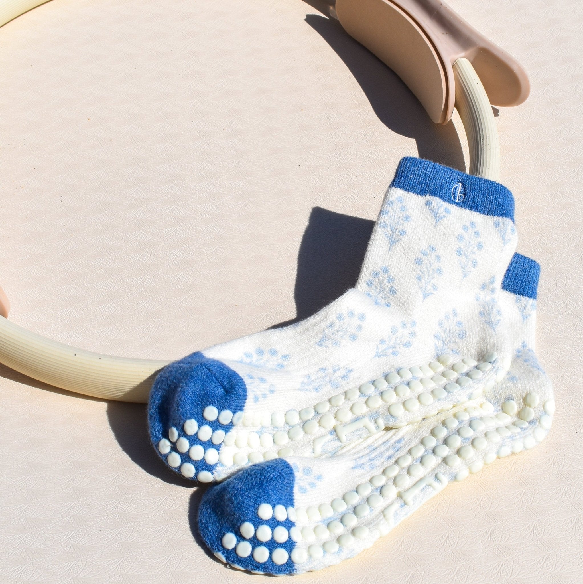 Coastal Calm Pilates Socks - Inner Grace | Blue floral Palm Beach inspired print | non-slip yoga socks