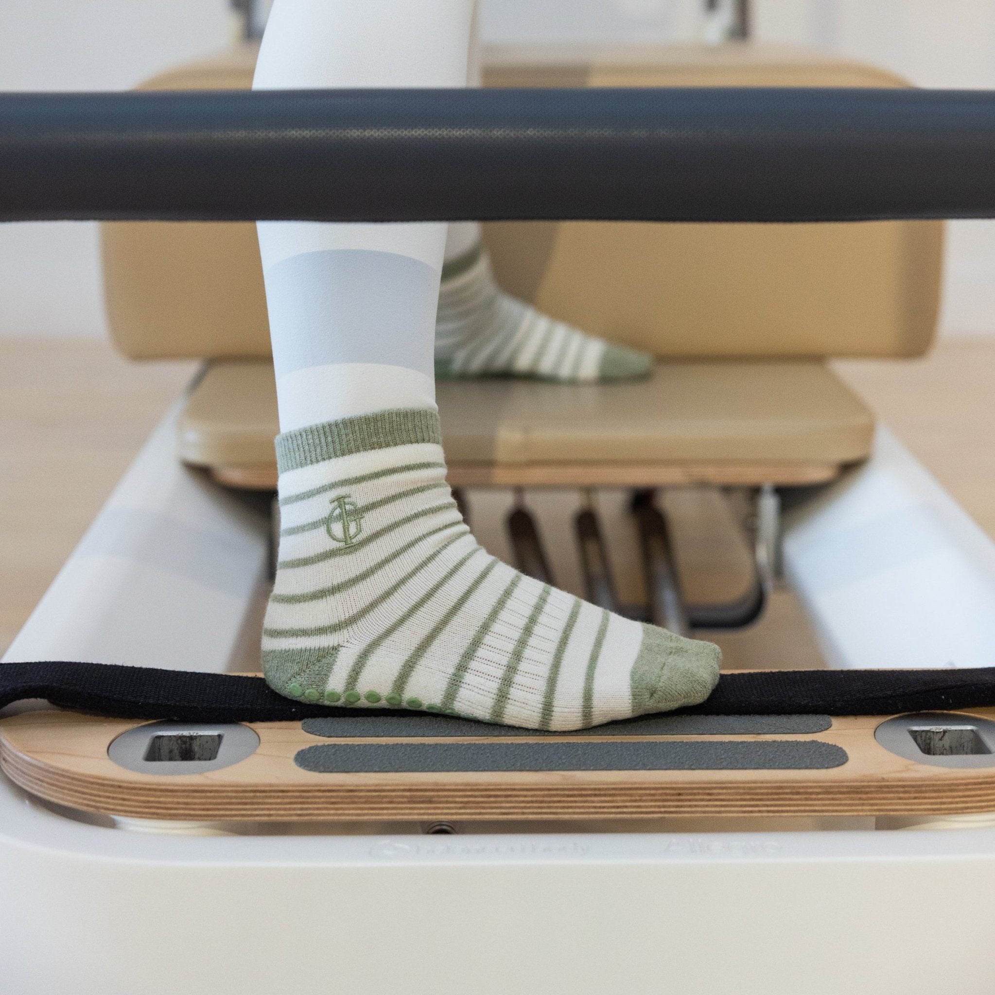 Grounded Grace Pilates Socks | Green and Cream Striped Non - slip yoga grip socks - Inner Grace