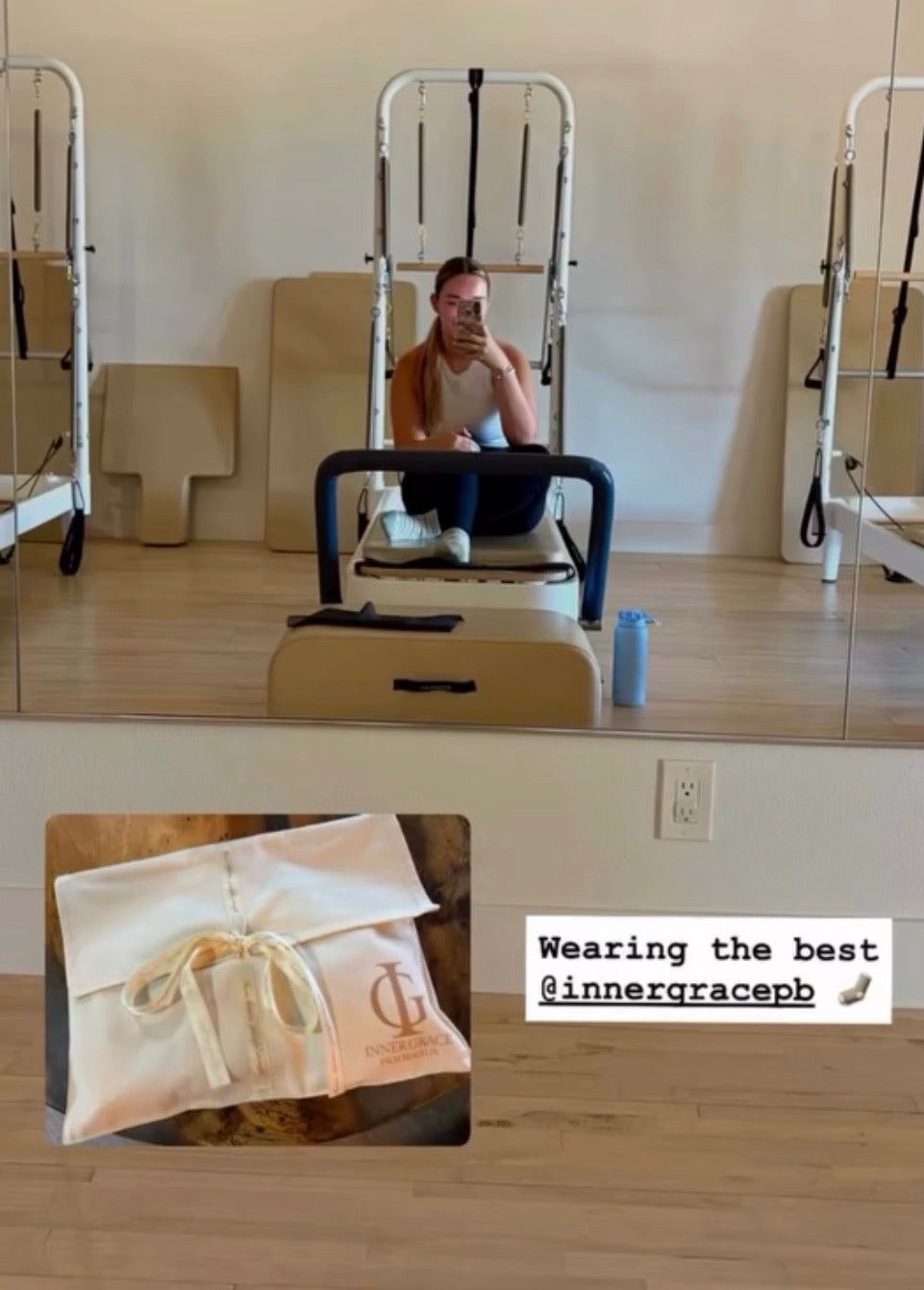 Person using Pilates reformer machine wearing pilates grip socks, with inset of a bag labeled 'innergracepb'.