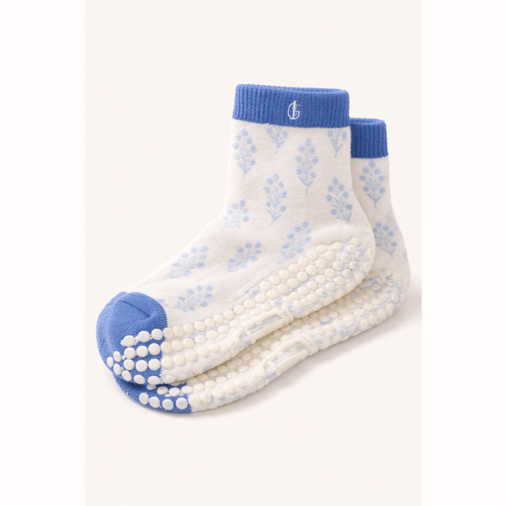 Coastal Calm Pilates Grip Socks - Inner Grace | Blue floral Palm Beach inspired print | non-slip yoga socks