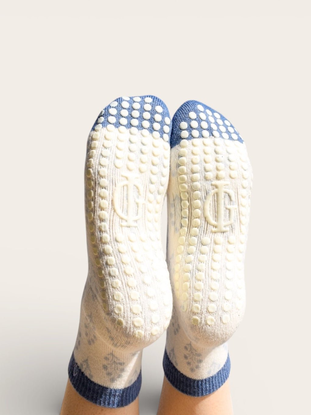 Coastal Calm Pilates Socks - Inner Grace | Blue floral Palm Beach inspired print | non-slip yoga socks