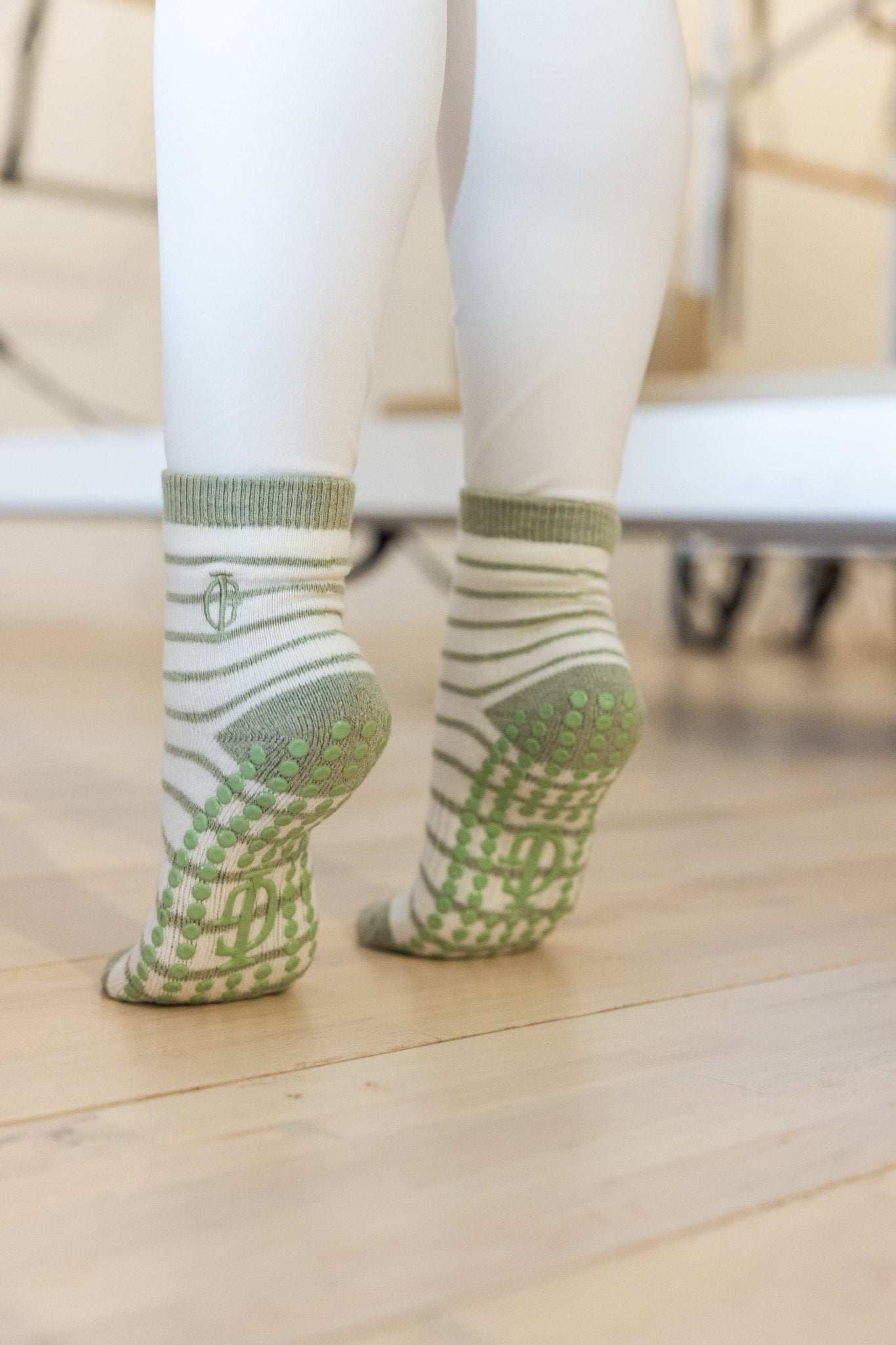 Grounded Grace Pilates Socks | Green and Cream Striped Non - slip yoga grip socks - Inner Grace